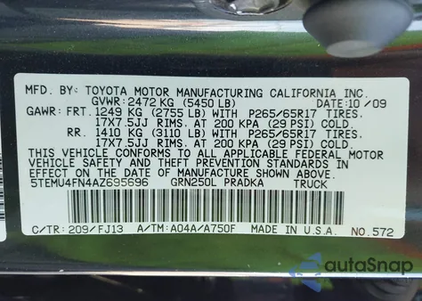 2010 Toyota Tacoma Base V6 from USA, damaged, VIN 5TEMU4FN4AZ695696
